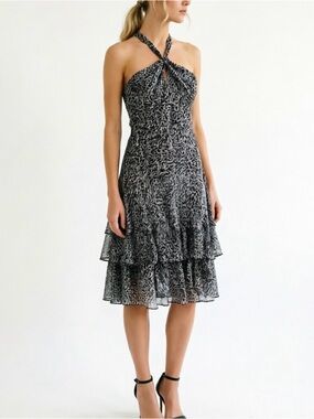 Ann Taylor 100% Silk Halter Dress Tiered Ruffle Hem Side Zip Size 4